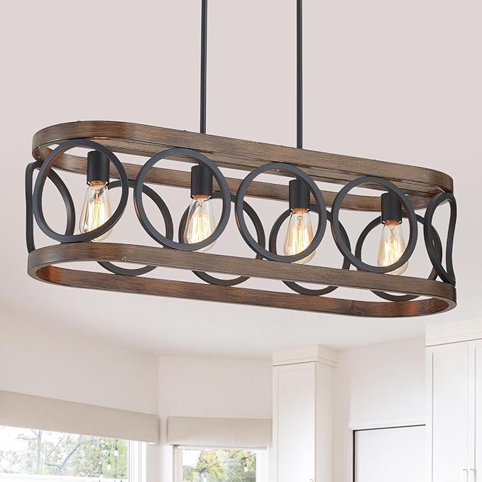 XINGQI Rectangular Linear Kitchen Island Chandeliers Over Table 32.7" Black Pendant Lighting Fixtures Farmhouse 4-Light for Dining Room Bar Office Coffee Shop, Black Wood Grain