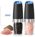 UNNEES Battery Operated Gravity Electric Salt and Pepper Grinder Set, Automatic Salt and Pepper Grinder Set, Adjustable Roughness,12 Batteries Required, LED Light, 2 Pack, (Black)