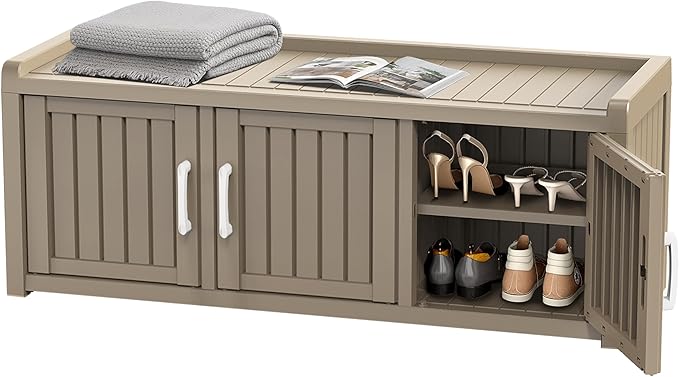 ROJIK Shoe Cabinet Waterproof UV-Resistant,Storage Bench Indoor Outdoor with Adjustable Shelves,for Entryway Bedroom,Hallway,Living Room(3 Door,Grey)