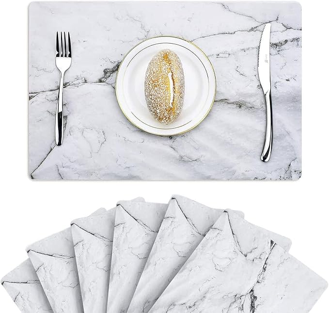 GENNISSY Marble Placemats Washable for Dining Table Set of 6 Thin Environmental Table Mats Wipeable Easy Clean for Kitchen Dinner Party (White Marble)
