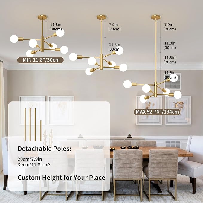 Sputnik Chandeliers Moderna Light Fixture, 6 Lights Gold Mid Century Ceiling Chandelier, Height Adjustable for Living Room, Kitchen, Dining Room, Bedroom,Foyer
