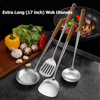 Wok Utensils for Carbon Steel, Stainless Steel Wok Spatula 17 Inch | Extra long wooden handle-Anti-scald;Wok Tools Professional Set;Great for home use and commercial use;