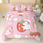 Strawberry Rabbit Comforter Set for Kids Teens Girls Women,Pink Bunny Kids Comforter,1 Comforter with 2 Pillowcase, Microfiber 3 Piece Bedding Set,for All Seasons(Pink，Twin Size)
