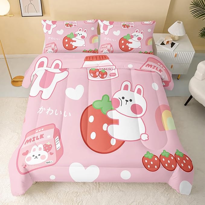 Strawberry Rabbit Comforter Set for Kids Teens Girls Women,Pink Bunny Kids Comforter,1 Comforter with 2 Pillowcase, Microfiber 3 Piece Bedding Set,for All Seasons(Pink，Queen Size)