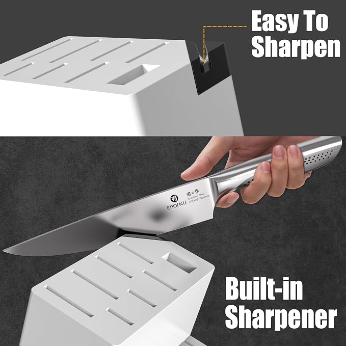 imarku® Knife Set, Japanese HC Stainless Steel 15 PCS Kitchen Knife Set With Block With Built-in Sharpener, Razor-Sharp Blade Knife Block Set With Dotted Ergomomic Handle, Best Birthday Gifts, White
