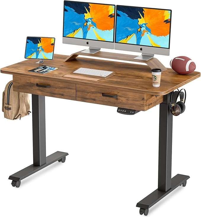BANTI 55'' Adjustable Height Electric Standing Desk with Double Drawer, Stand Up Home Office Desk with Splice Tabletop, Rustic Brown