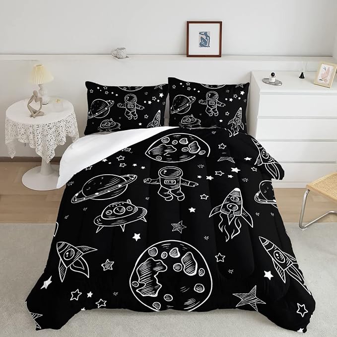 Datura home Kids Space Astronaut Comforter Set for Boys Kids Children,Galaxy Space Ship Astronaut Rocket Printed Bedding Set with 1 Comforter and 2 Pillowcases(Space Galaxy Twin), Twin 68x86inches