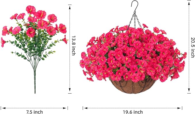 Artificial Faux Hanging Plants Flowers Basket for Outdoor Outside Spring Summer Decoration, Silk Morning Glory in Planter UV Resistant Look Real Fake Flower for Porch Patio Balcony Home Yard, Hot Pink