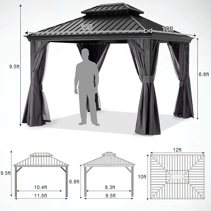 ABCCANOPY Hardtop Gazebo 10x12 - Outdoor Metal Hard Top Gazebo, Permanent Galvanized Steel Aluminum Framed Pavilion with Netting and Curtain for Patio Backyard Lawn Garden (Double Roof, Gray)