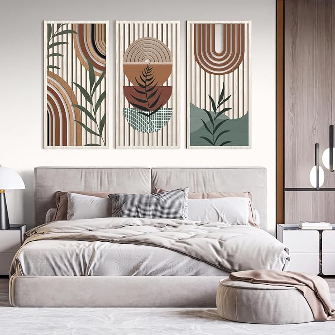 IARTTOP Large Abstract Geometric Wood Boho Wall Art Boho Wall Decor Set Mid Century Modern Wooden Wall Decor Bohemian Wall Art For Bedroom Living Room Office 16"x32"