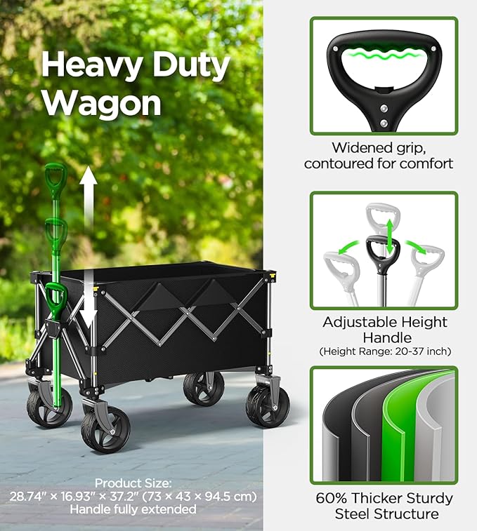 Beach Wagon,Collapsible Wagon 220lbs with Big Wheels FoldableWagon Carts,Portable Utility for Garden Grocery Sports Camping All Terrain-Black
