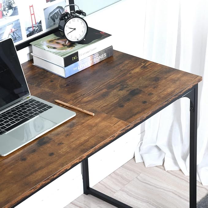 47 inch Study Storage Bag Space Saving for Home Office, Modern Simple Style PC, Black Metal Frame Computer Desk, Writing Table, Brown