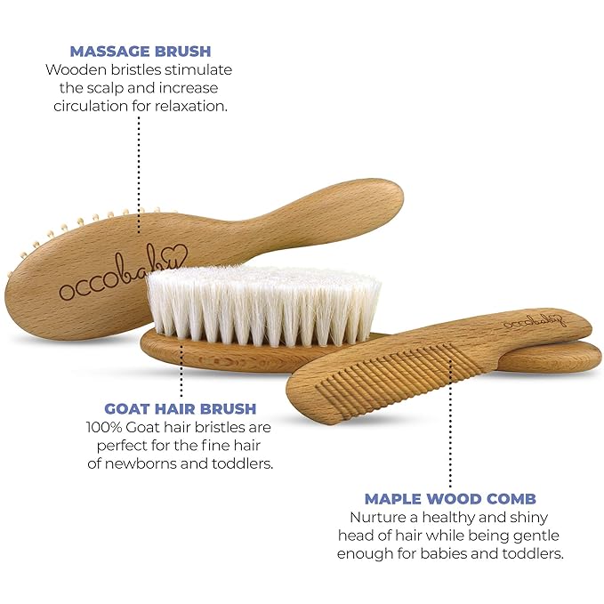 OCCObaby Wooden Baby Hairbrush Set for Newborns & Toddlers - Baby Comb for Cradle Cap - Baby Comb and Brush Set for Baby Grooming - Baby Scalp Brush for Cradle Cap - Toddler Comb