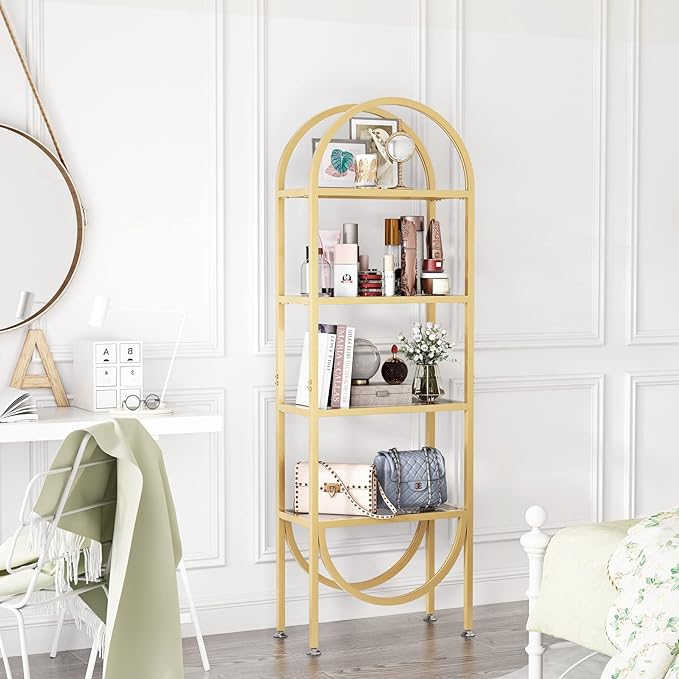Freestanding Gold Bookshelves with Glass Shelves Storage, Modern Gold Bookcase with 4 Tier Glass Shelves, Gold Storage Organizer for Office, Living Room