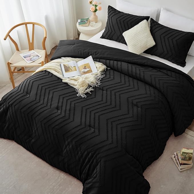CozyLux King Size Comforter Set Black - 3 Pieces Black Boho Tufted Shabby Chic Bedding Comforter Set for All Seasons, Chevron Bedding Sets with Comforter & 2 Pillow Shams