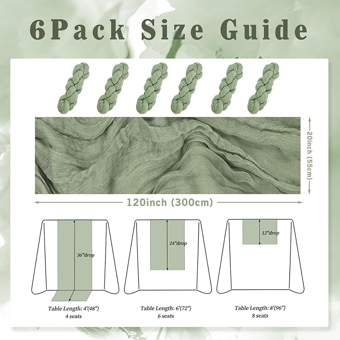 6 Pack Sage Green Cheesecloth Table Runner 10FT Rustic Gauze Fabric Cheese Cloth Table Runner for Wedding Bridal Baby Shower Table Decor 20 x 120 Inch Long Boho Sheer Birthday Party Table Decorations