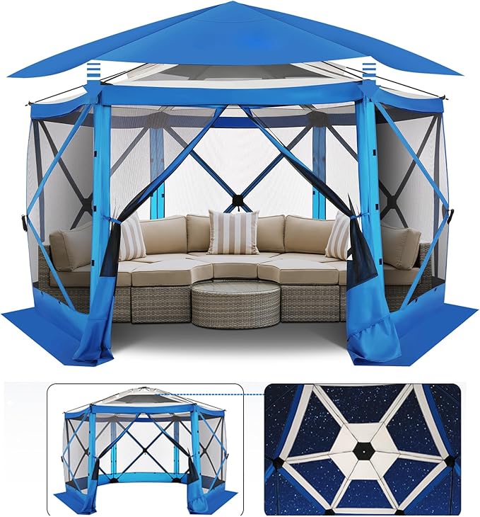 COBlZl Pop Up Gazebo 12x12 Screen House Tent for Camping, Outdoor Instant Stargazing Gazebo Canopy with Awning 2.0, Portable Hub Tent with Mosquito Netting, Pavilion for Backyard,Blue