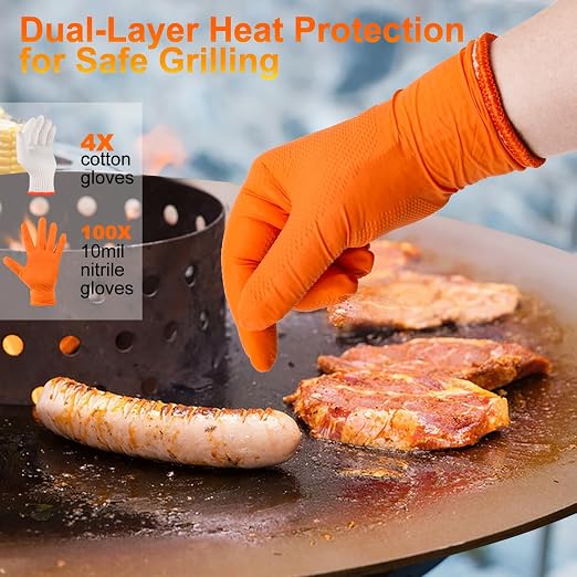 ANBOSON BBQ Gloves Disposable, Heat Resistant Grilling Gloves for Cooking | 10Mil Heavy Duty Nitrile Gloves-100Ct &4 Cotton Liners for Meat Handling Smoker for Hot Food Prep,Non-Slip Grip,Large,Orange