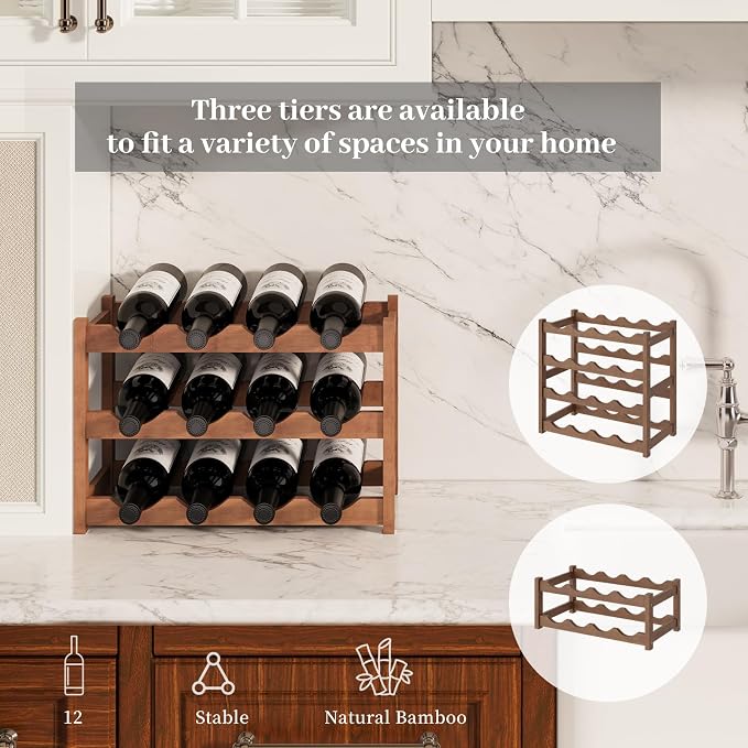Wine Rack，Bamboo Wine Storage Cabinet Shelf，Countertop Wine Shelf- Freestanding Wine Holder for Kitchen & Pantry (Brown, 3-Tier)