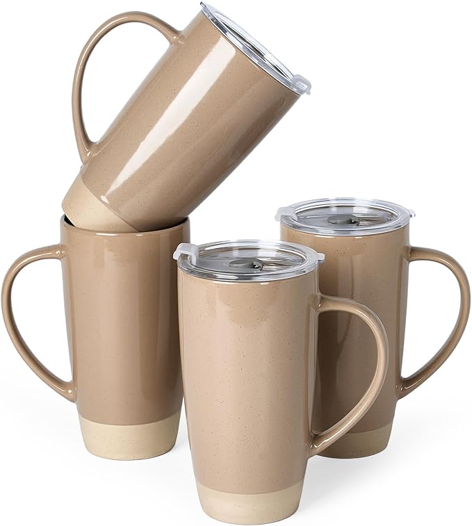 famiware Milkyway Coffee Mugs, 20oz Large Coffee Mug, Ceramic Mug Set of 4 with Lid, Cup Set with Handle for Latte, Tea, Cocoa, Milk, Home & Office, Cinnamon Brown
