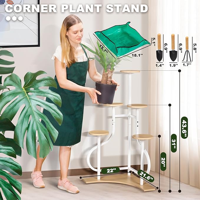 6-Tier Corner Plant Stand, Indoor Plant Stand with L-shaped Base, Aesthetic Metal Plants Shelf for Multiple Plants Flower Pot, MDF Outdoor Plant Holder for Patio Balcony (White)