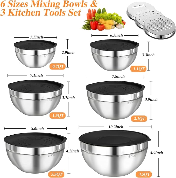 Mixing Bowls with Lids Set, 6 PCS Stainless Steel Mixing Bowls with 3 Grater Attachments, Kitchen Food Storage Organizers Nesting Mixing Bowl, Large Size 4.5, 3.5, 2.1, 1.5, 1.1, 0.7QT-Black