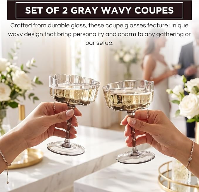 Khen Flower Vintage Wavy Glass Coupes Martini, Champagne & Cocktail Coupes - Set of 2-7oz Colorful Cocktail Glasses & Champagne, Prosecco, Mimosa Glassware Copyright Design - Gray