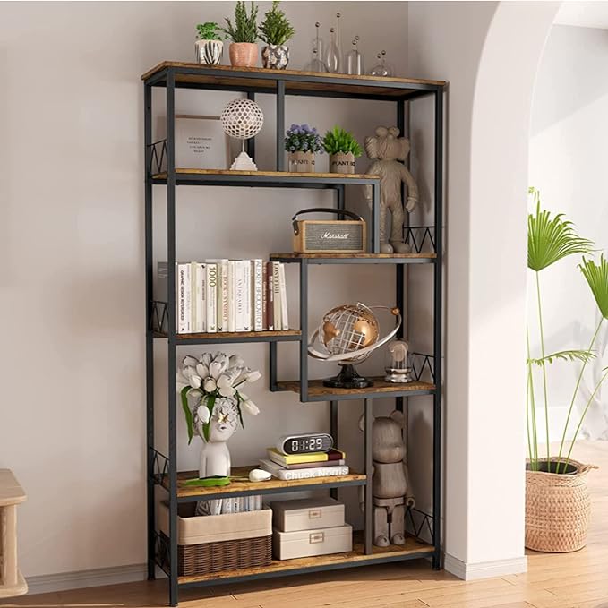Gizoon 71” Industrial Bookshelves for Storage, Tall Display Etagere 8-Shelves for Bedroom, Metal Frame Staggered Bookcases for Bedroom, Living Room, Home Office, Retro