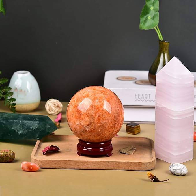JIC Gem Big Sparkling Quartz Crystal Ball Sunstone Healing Crystal Gemstone Sphere with Decorative Wooden Stand for Meditation Gifts Decoration (80-90mm)