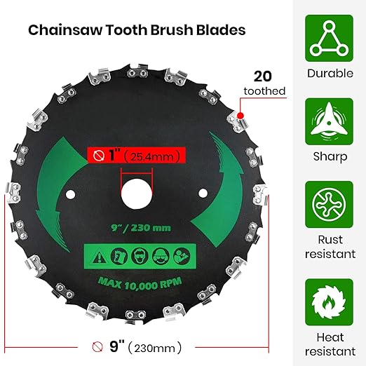 (2-Set) 9" x 20T Chainsaw Tooth Brush Blades - Weed Eater Saw Blade Kit with 2 Carbon Steel Round Chainsaw Blades, 3 Round Files, and 4 Washers for Brush Cutters, String Trimmers, and Weed Wreckers