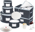 China Dinnerware Storage Containers Set- Dish,Mug,Stemware Storage Cases - Quilted Box Bins Stackable with Divider,handles,Clear Window for Cups,Plates,Wine Glasses Moving Set of 6 (Grey