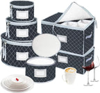 China Dinnerware Storage Containers Set- Dish,Mug,Stemware Storage Cases - Quilted Box Bins Stackable with Divider,handles,Clear Window for Cups,Plates,Wine Glasses Moving Set of 6 (Grey