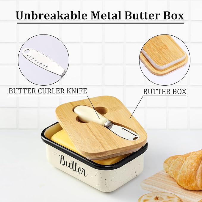 LANDNEOO Butter Dish with Lid and Butter Curler Knife, Unbreakable Metal Keeper Container Double Silicone Sealing, Speckled White, 6.2'L x 4.2' W x 2.2' H, 2 Sticks Capacity, Stainless Steel, Bamboo