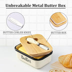 LANDNEOO Butter Dish with Lid and Butter Curler Knife, Unbreakable Metal Keeper Container Double Silicone Sealing, Speckled White, 6.2'L x 4.2' W x 2.2' H, 2 Sticks Capacity, Stainless Steel, Bamboo