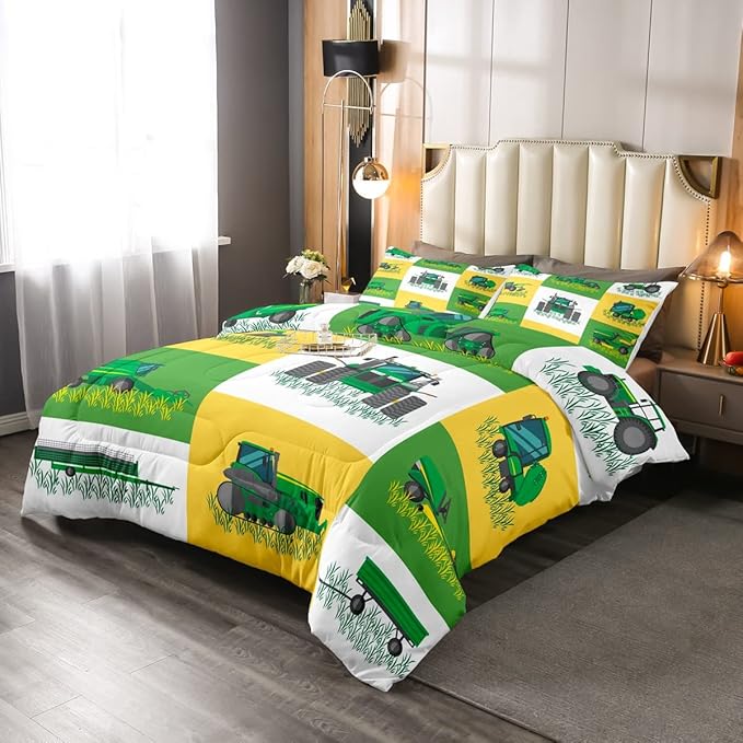 Boys Cartoon Truck Car Down Comforter Twin Size Kids Construction Vehicles Tractor Comforter Set for Kids Children Farm Excavator Bedding Set Construction Site Cars Duvet Set, Green Yellow