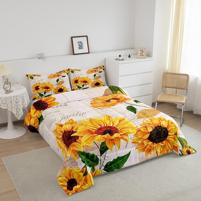 Erosebridal Women Retro Floral Bedding King Size Yellow Sunflowers Comforter Set for Girls Female Rustic 3D Flowers Duvet Insert Ultra Soft Lightweight Quilted Comforter with 2 Pillowcases