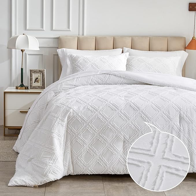 6 Pieces Tufted Bed in a Bag Twin Comforter Set with Sheets White, Soft and Embroidery Shabby Chic Boho Bohemian Design, Luxury Solid Color with Diamond Pattern, Jacquard Tufts Bedding Set for Kids