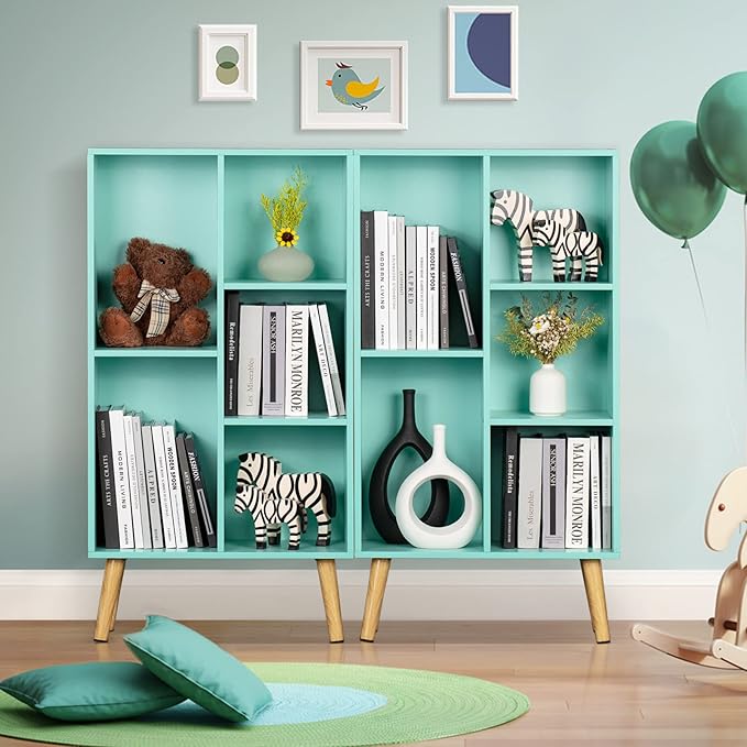 LEYAOYAO 5 Cube Bookshelf 3-Tier Bookcase with Legs,Mint Green Kids Book Shelf Cute Storage Organizer,Free Standing Open Toy Shelves Wood Bookshelves,Display Bookcases for Bedroom,Living Room,Nursery