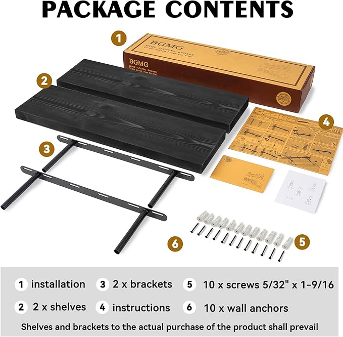 BGMG Wood Floating Shelves 18 inch,Black Floating Shelves,Solid Wood Wall Shelves for Bathroom Living Room Bedroom Kitchen Farmhouse Set of 2-18x 6.7 x1.25 inch
