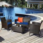 Goplus 4-Piece Rattan Patio Set, Outdoor/Indoor Wicker Conversation Set for Pool, Backyard, Lawn, Wicker Chairs and Sofa with Soft Cushion, Rattan Furniture with Tempered Glass Coffee Table