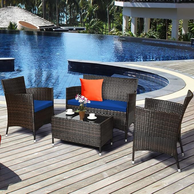 Goplus 4-Piece Rattan Patio Set, Outdoor/Indoor Wicker Conversation Set for Pool, Backyard, Lawn, Wicker Chairs and Sofa with Soft Cushion, Rattan Furniture with Tempered Glass Coffee Table