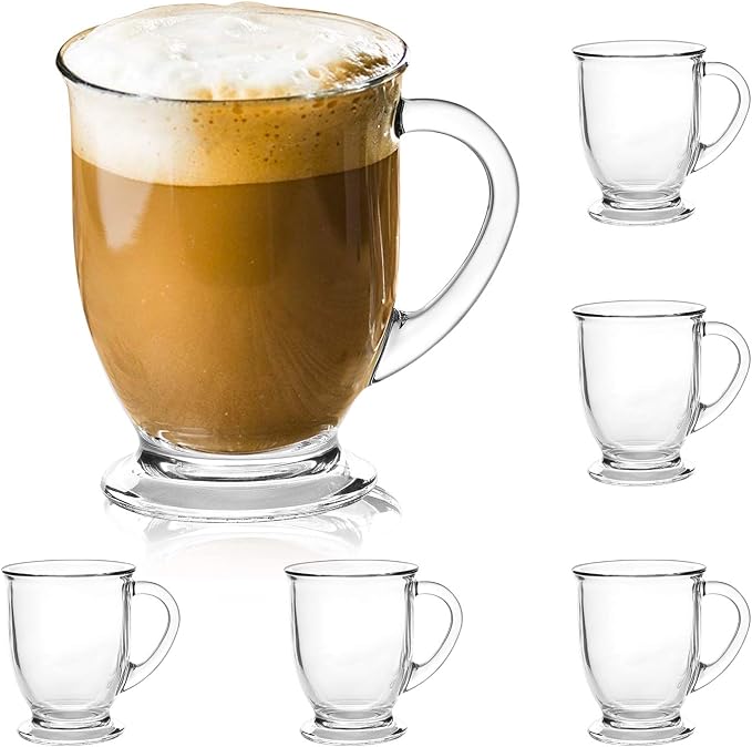 Accguan 15oz/450ml Glass Coffee Mugs with Handles Set of 6 | Clear Coffee Cups with Handle, Iced Drink Cup perfect for Latte, Cappuccino, Espresso Coffee, Tea and Hot Beverages