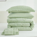EMME Queen Comforter Set - 7 Pcs Sage Green Boho Bedding Sets, Full Size Tufted Comforter with Sheets, Shabby Chic Embroidery Queen Bed Set Fluffy Bed Bag for All Season(90"X90")