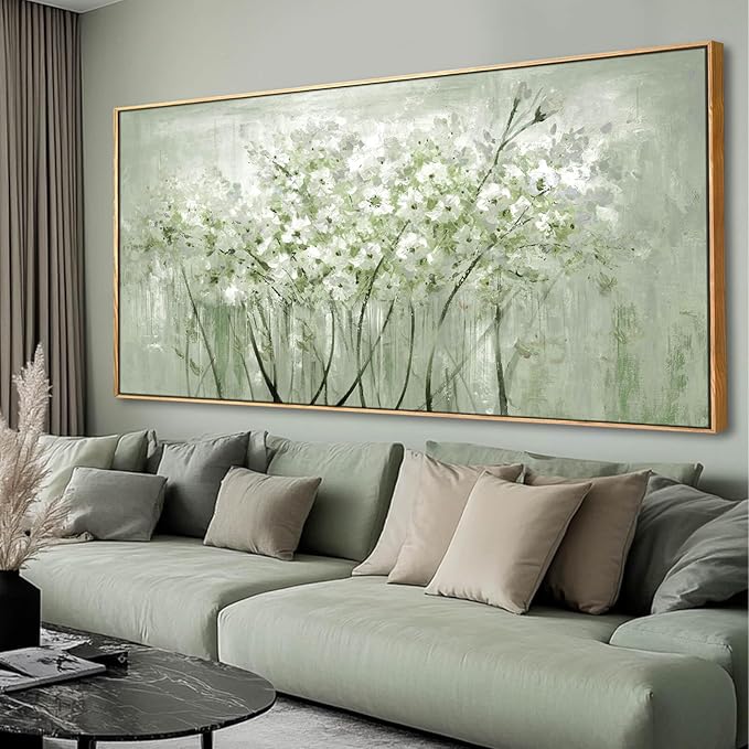 Framed Green Flower botanical Canvas Wall Art 29"x58" Modern Botanical Poster Artwork for Bedroom Living Room Office Kitchen Decor