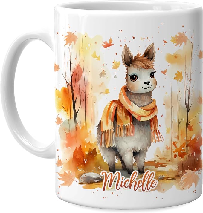 Hyturtle Personalized Fall Llama Coffee Mug, Autumn Décor for Farmhouse | Birthday Gifts For Llama Lovers - Fall Autumn Decor Gifts For Thanksgiving - Custom Name 11oz White Ceramic Coffee Tea Mug