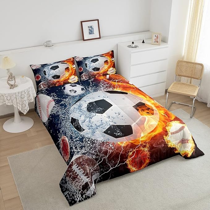 Erosebridal Boys Soccer Bedding Set Football Sports Queen Comforter Set for Kids Teens Youth Bedroom Decor Lightning Baseball Quilt Duvet Water Fire Basketball Comforter with 2 Pillow Cases Red Blue