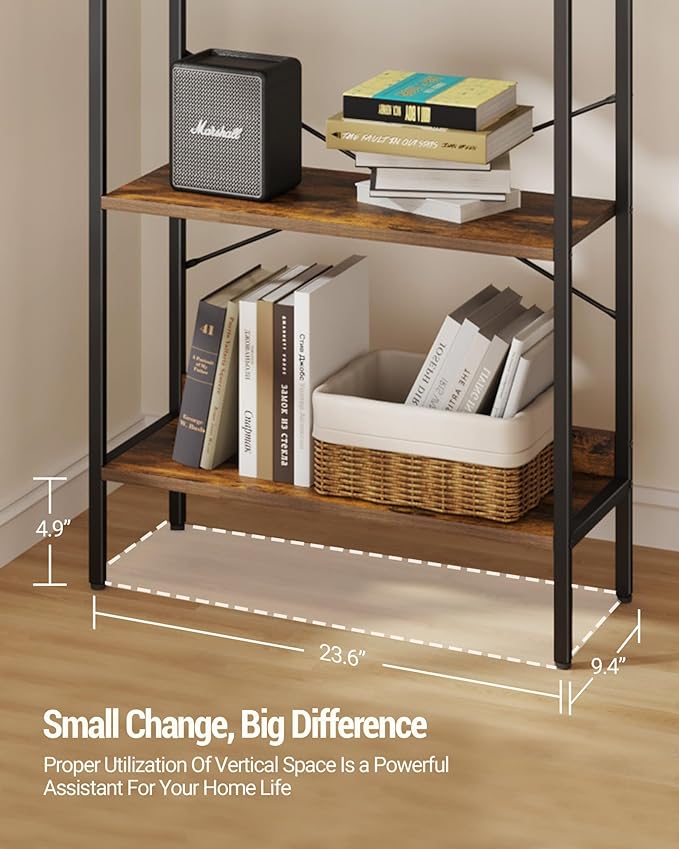 Bookshelf, Book Shelf, Industrial Bookcase with 2 Hooks, Coner Shelf Storage Organizer for Home Office, Living Room, Bedroom, Kitchen, 6-Tier Rustic Brown BC22701B