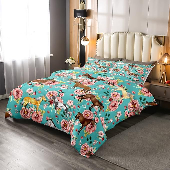 Horse Bedding Set Queen Chic Retro Blossom Comforter Set For Kids Girls Teens Galloping Horse Comforter Romantic Aesthetic Style 3D Wild Farm Animal Duvet Set Bedroom Decor Quilt Set, Green Pink
