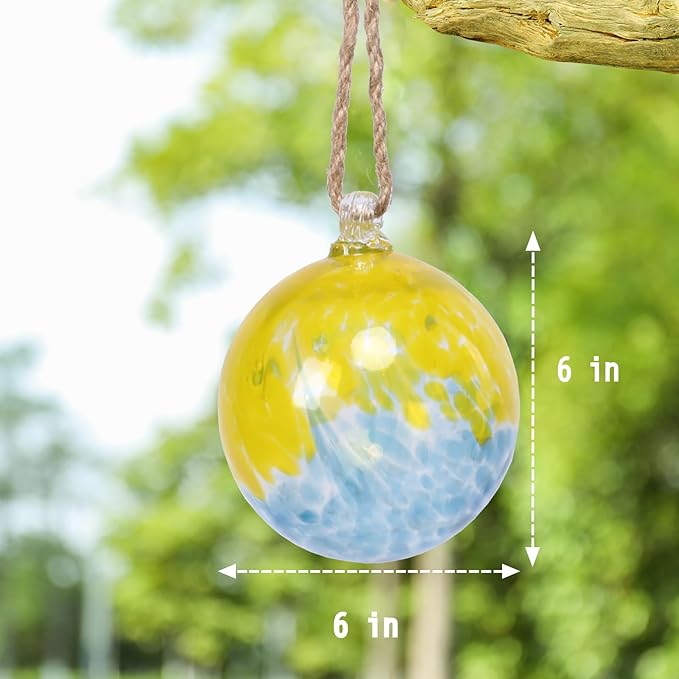 VCUTEKA Hanging Garden Gazing Ball, Hand-Blown Glass Witch Ball for Outdoor Garden Décor, 6" Blue Yellow Swirl