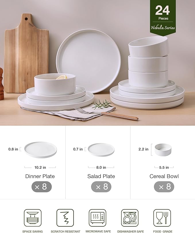 Famiware Nebula Plates and Bowls Set, 24 Pieces Dinnerware Sets, Dishes Set for 8, White